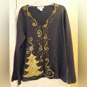 Jack B Quick Christmas Sweater Full Zip Cardigan Sequin Beaded Gold Black